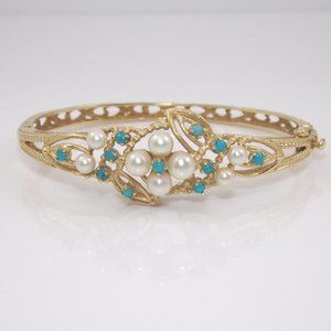 Vintage 14K Yellow Gold Pearl Turquoise Hinged Bangle Bracelet